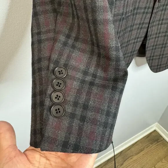 Coppley Esquire Mens Grey Plaid Multi Two Button Wool Blazer Jacket Classic 44T